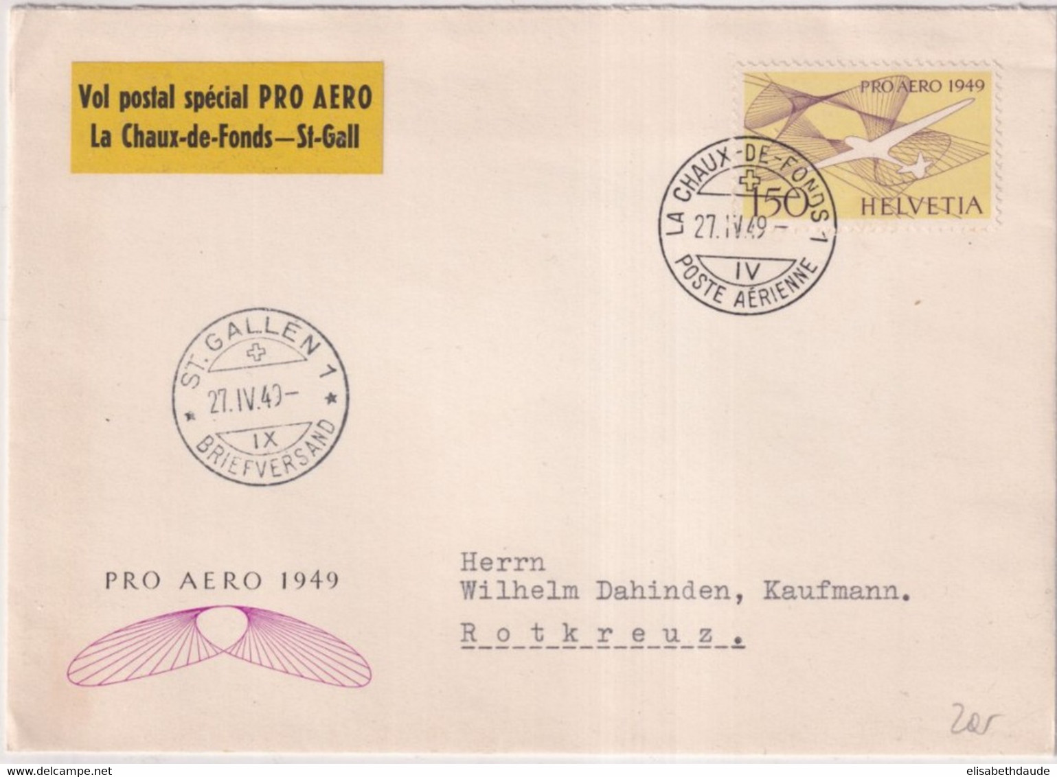 SUISSE - 1949 - POSTE AERIENNE  Zum. 45 VOL SPECIAL PRO AERO LA CHAUX-DE-FONDS à ST GALLEN Sur ENVELOPPE => ROTKREUZ ZUG - Erst- U. Sonderflugbriefe