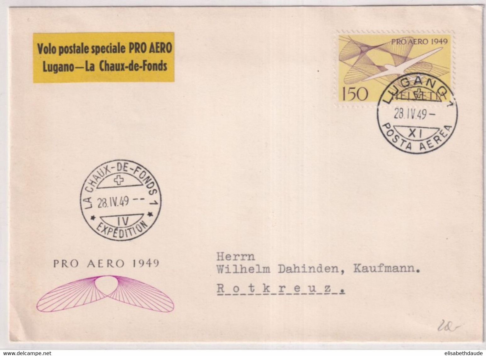 SUISSE - 1949 - POSTE AERIENNE  Zum. 45 VOL SPECIAL PRO AERO LUGANO à LA CHAUX-DE-FONDS Sur ENVELOPPE => ROTKREUZ ZUG - Primi Voli