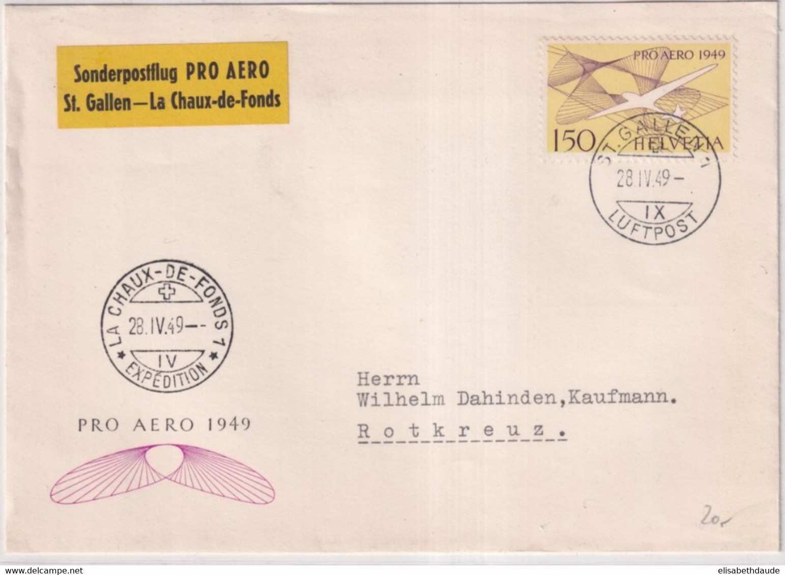 SUISSE - 1949 - POSTE AERIENNE  Zum. 45 VOL SPECIAL PRO AERO ST GALLEN à LA CHAUX-DE-FONDS Sur ENVELOPPE => ROTKREUZ ZUG - First Flight Covers