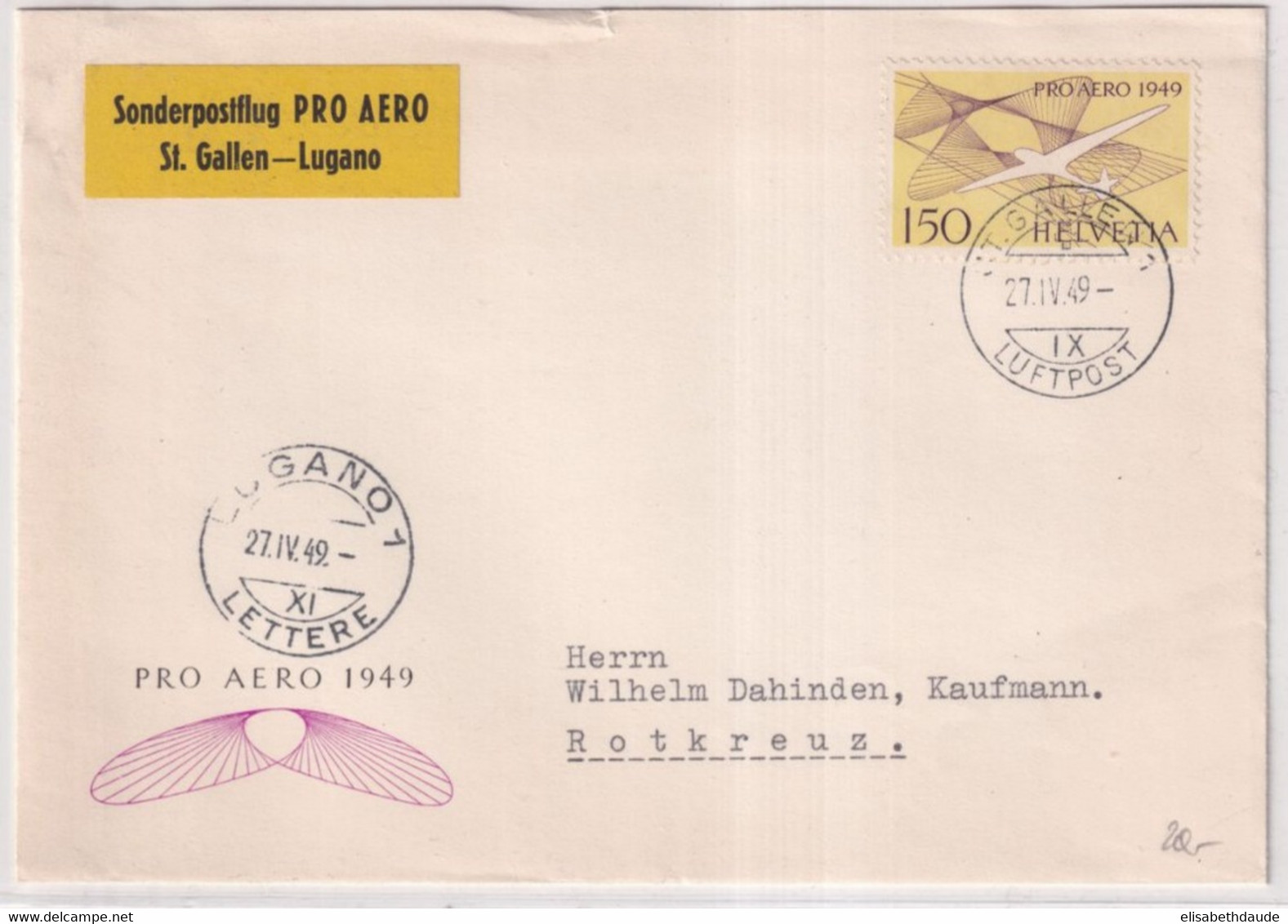 SUISSE - 1949 - POSTE AERIENNE  Zum. 45 VOL SPECIAL PRO AERO ST GALLEN à LUGANO Sur ENVELOPPE => ROTKREUZ ZUG - Primi Voli