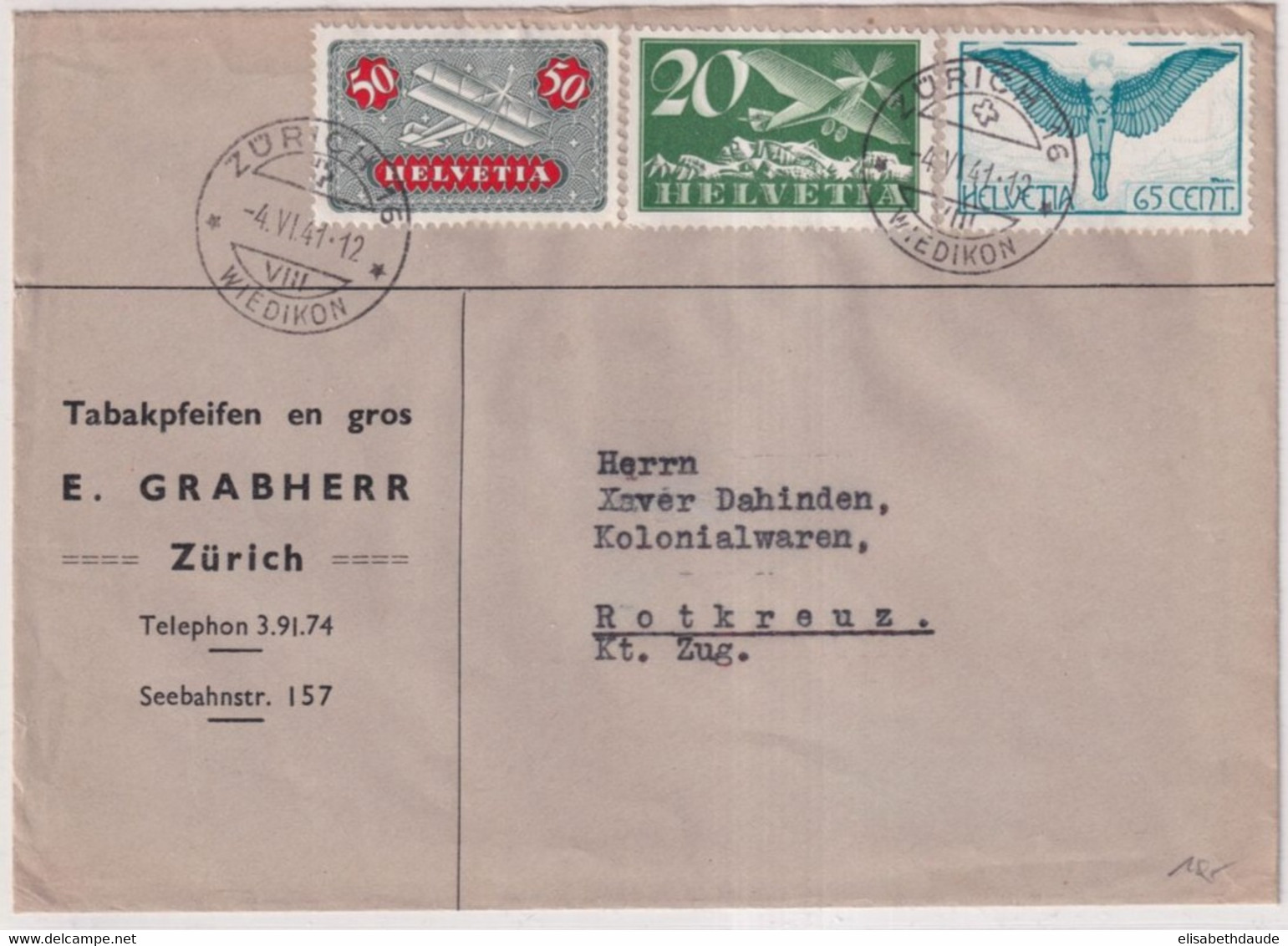 SUISSE - 1941 - POSTE AERIENNE - ENVELOPPE De ZÜRICH => ROTKREUZ - Andere & Zonder Classificatie