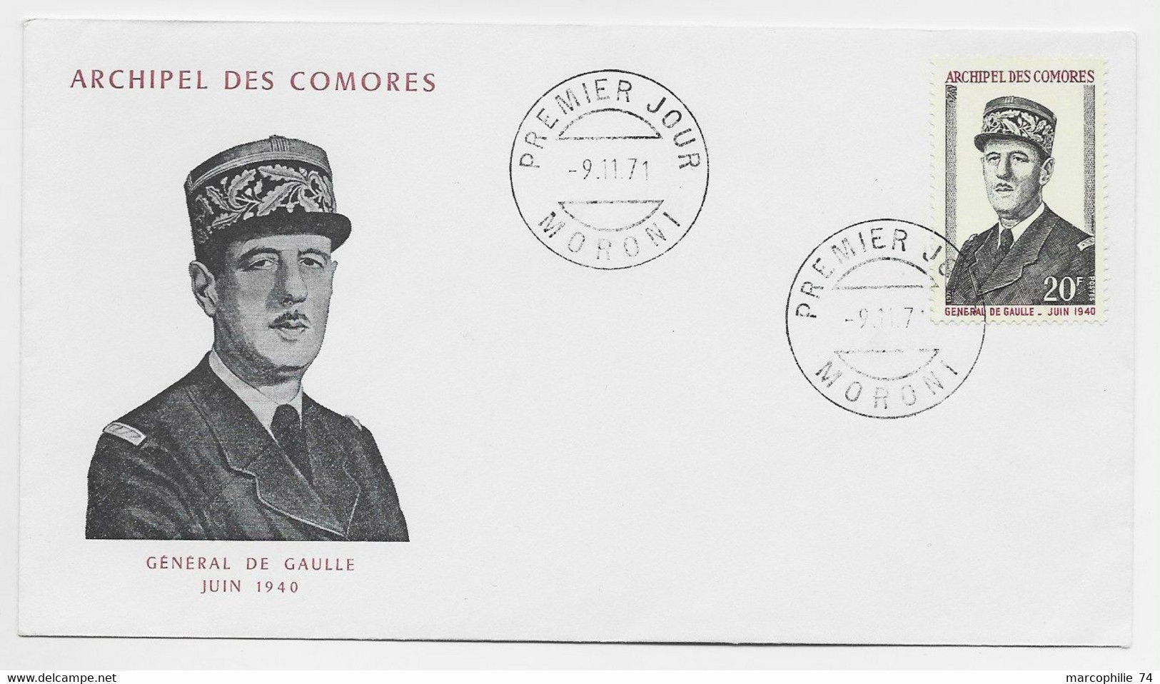 COMORES 20FR DE GAULLE LETTRE FDC COVER MORONI 9.11.1971 - Oblitérés