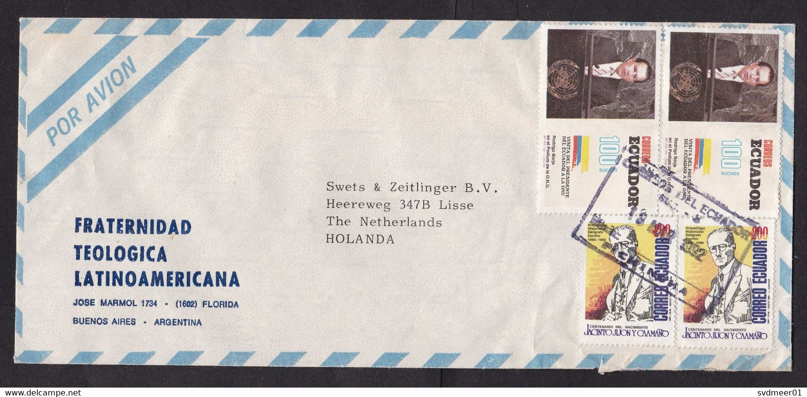 Ecuador: Airmail Cover To Netherlands, 1992, 4 Stamps, President Speech At United Nations, History (minor Creases) - Ecuador