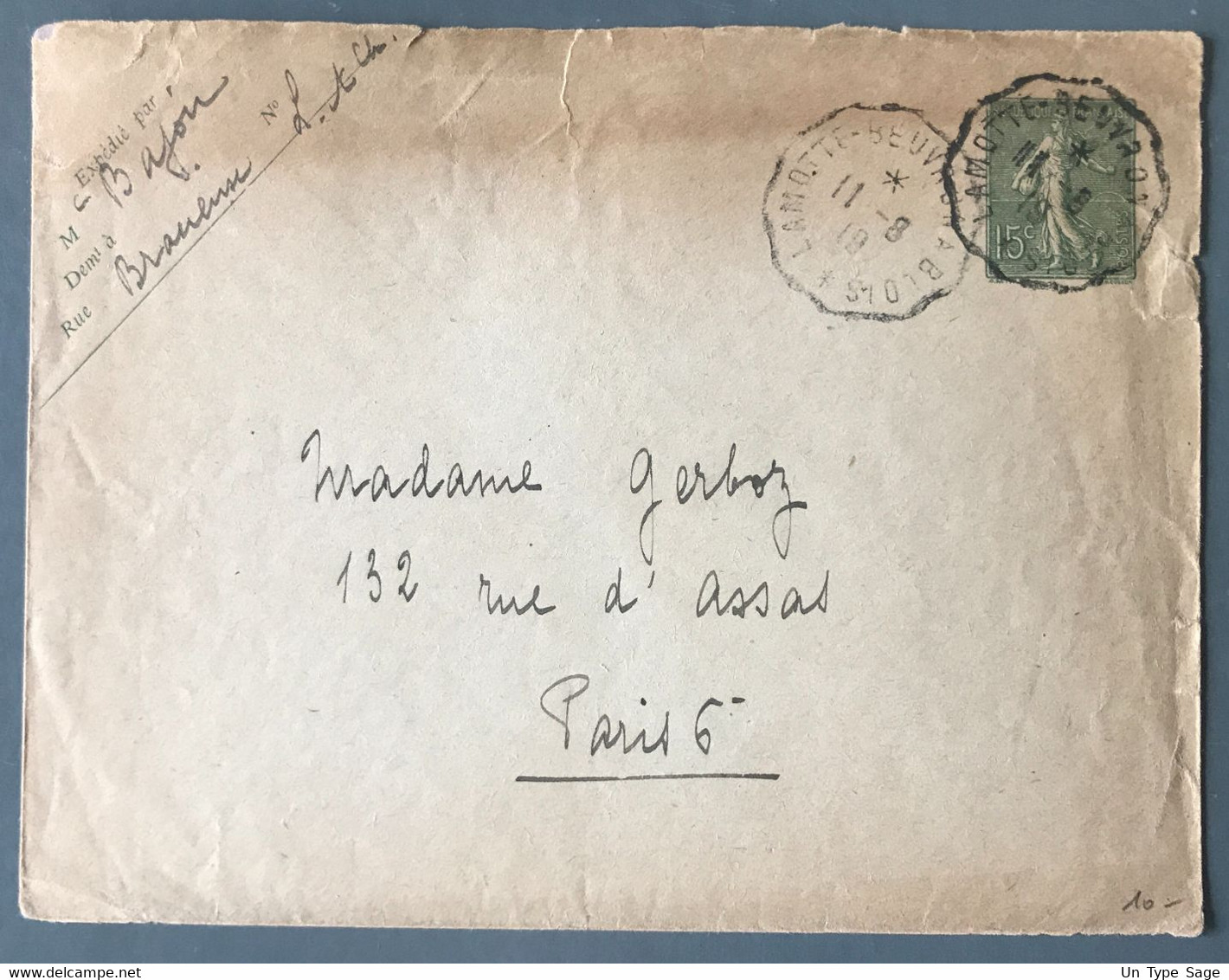 France Entier N°130-Enveloppe - TAD Convoyeur LA MOTTE BEUVRON à BLOIS 11.8.1919 - (B3510) - Enveloppes Types Et TSC (avant 1995)