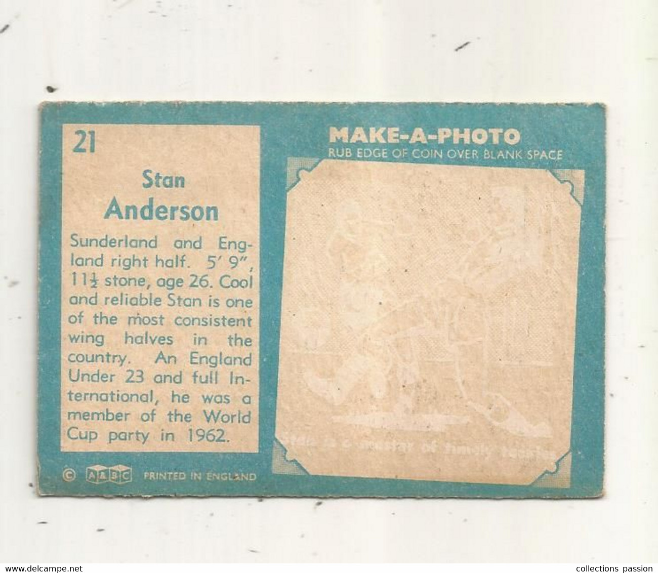 Trading Card , A&BC , England, Chewing Gum, Serie : Make A Photo , Année 60 , N° 21 , STAN ANDERSON , Sunderland - Trading-Karten