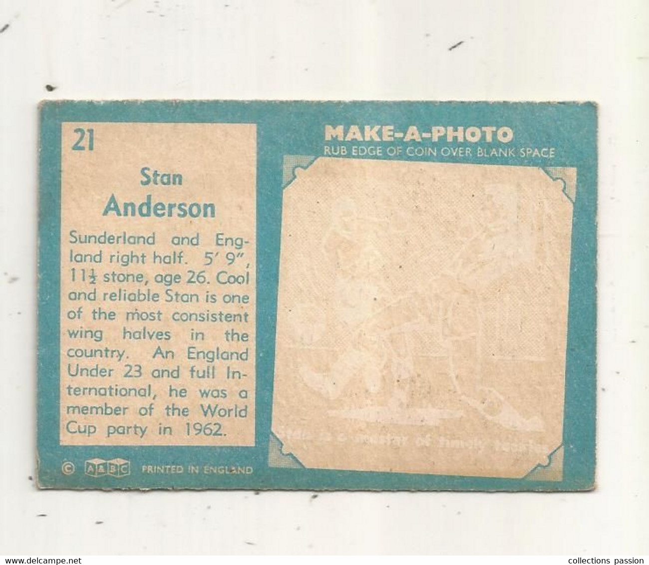 Trading Card , A&BC , England, Chewing Gum, Serie : Make A Photo , Année 60 , N° 21 , STAN ANDERSON , Sunderland - Trading Cards
