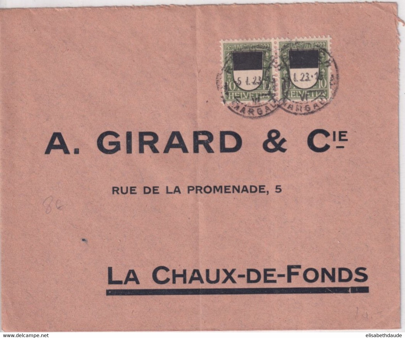 SUISSE - 1923 - PRO JUVENTUTE - ENVELOPPE De AARGAU => LA CHAUX-DE-FONDS - Covers & Documents