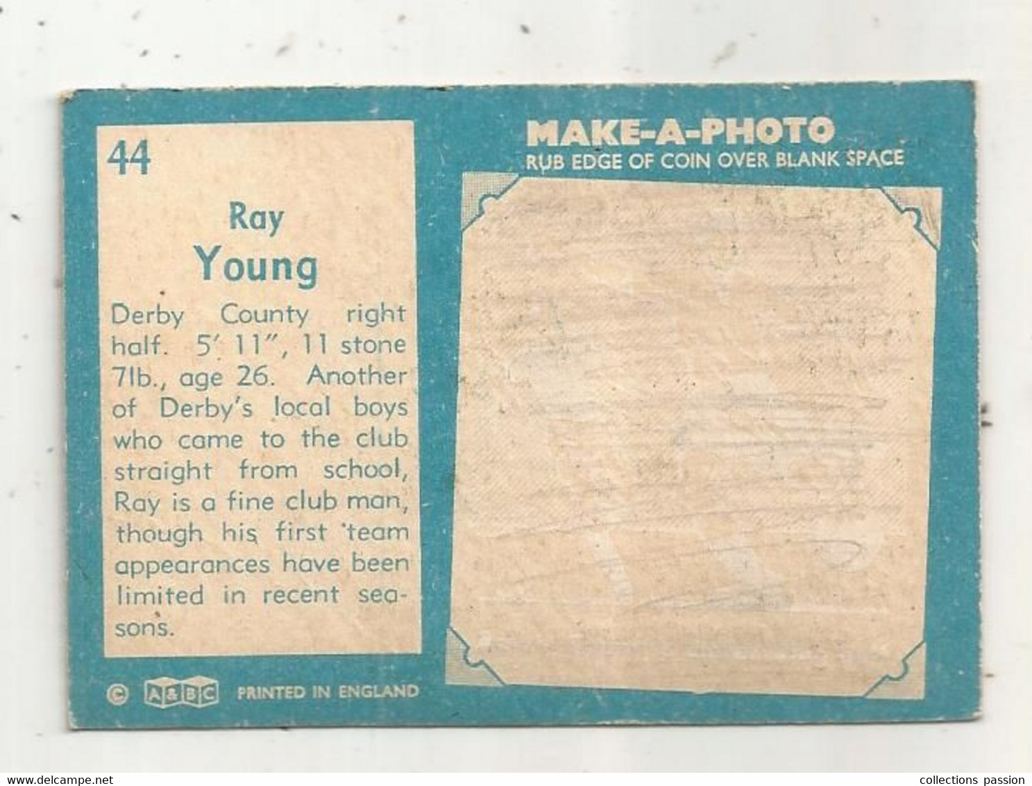 Trading Card , A&BC , England, Chewing Gum, Serie : Make A Photo , Année 60 , N° 44 , RAY YOUNG , Derby County - Trading Cards
