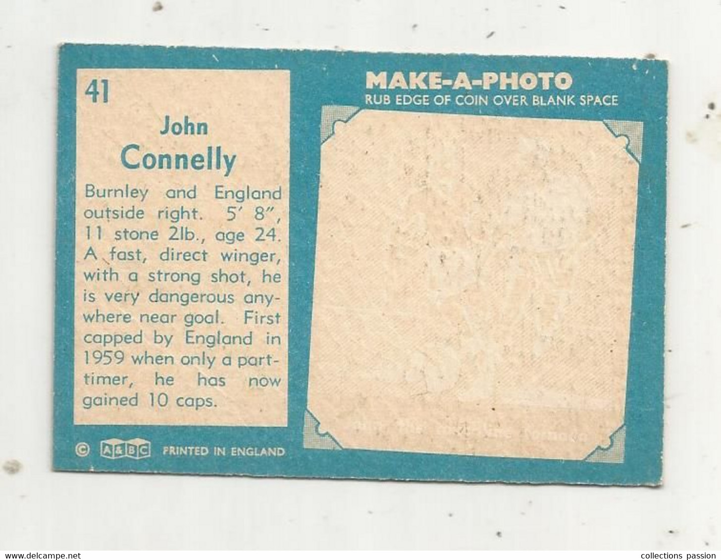 Trading Card , A&BC , England, Chewing Gum, Serie : Make A Photo , Année 60 , N° 41 , JOHN CONNELLY , Burnley - Trading-Karten