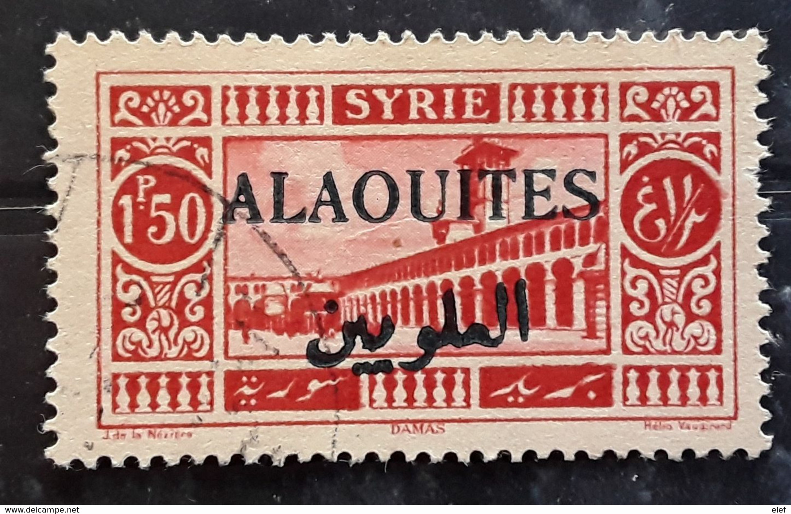 ALAOUITES 1925 , Yvert No 28 A , 1 P 50 Rouge , Surcharge Noire  Obl Cote 25 Euros - Oblitérés