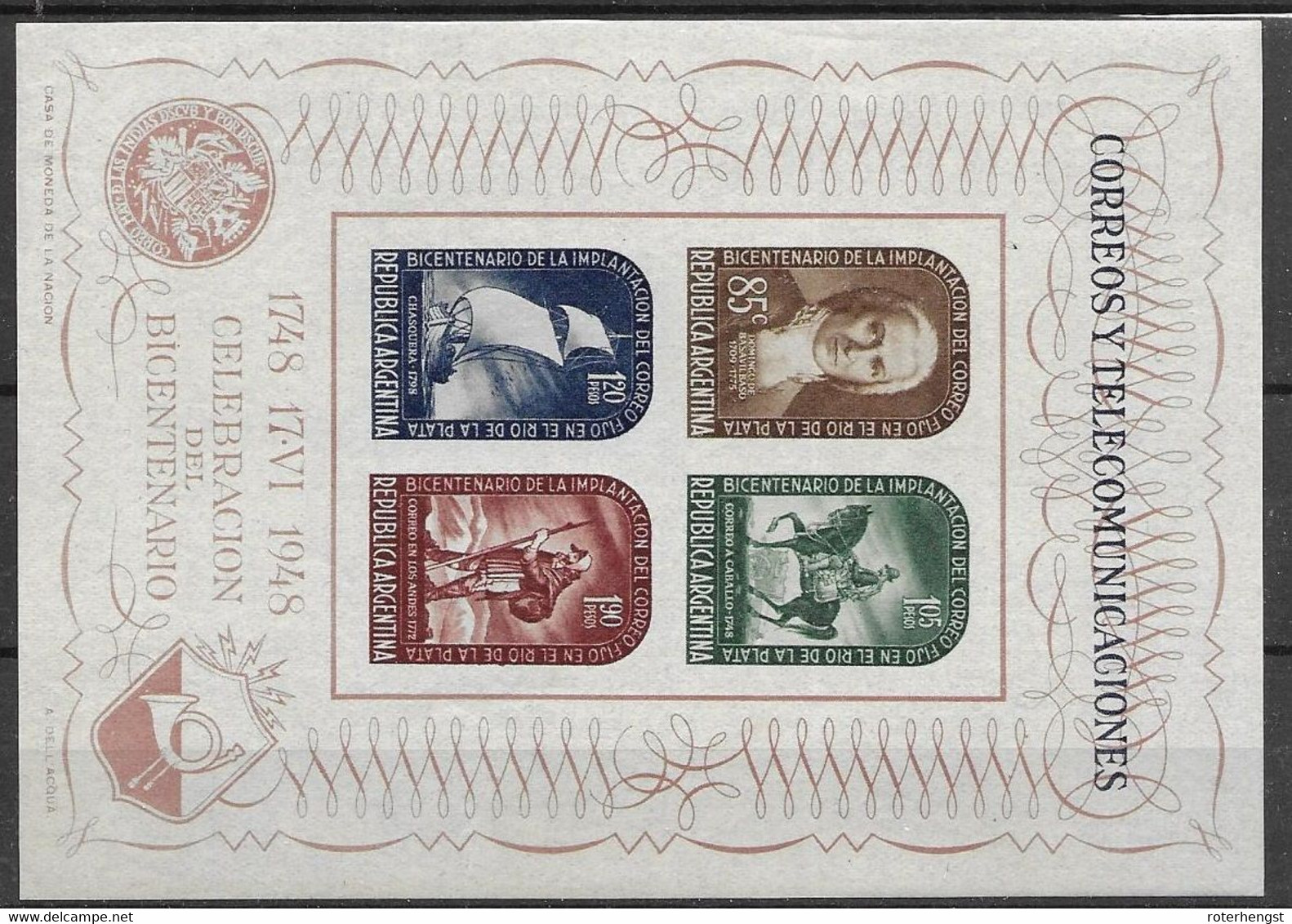 1948 Argentina Mint Low Hinge Trace (55 Euros) - Blocchi & Foglietti