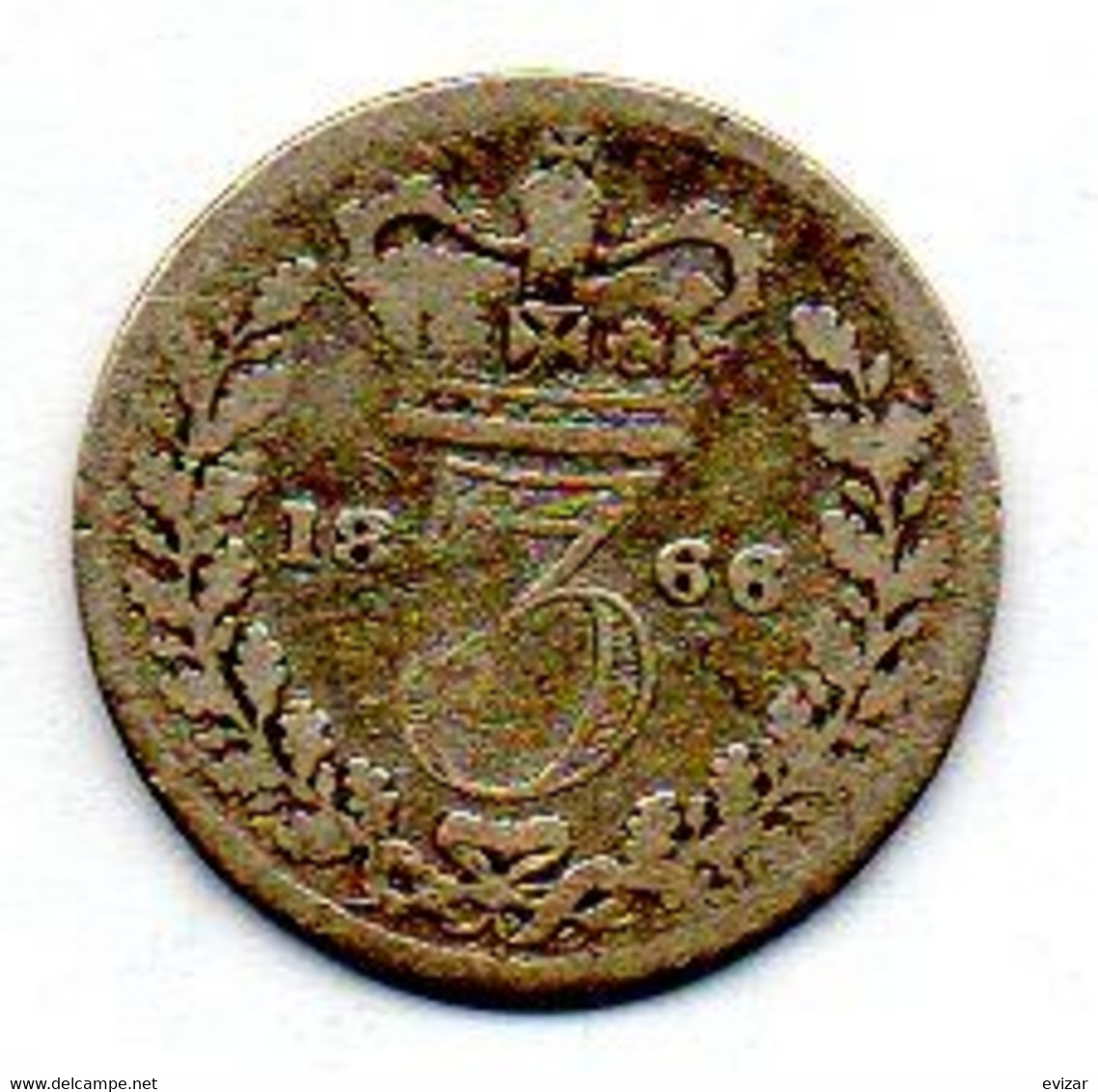 GREAT BRITAIN, 3 Pence, Silver, Year 1866, KM #730 - F. 3 Pence