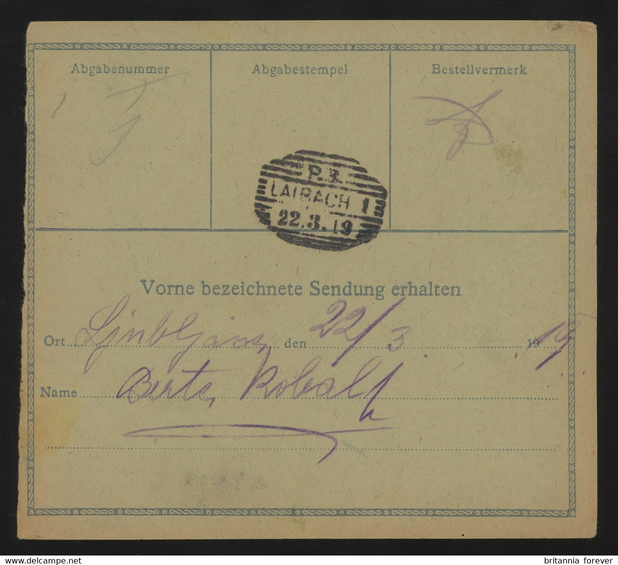 TREASURE HUNT [03324] Slovenia 1919 Parcel Card Sent To Ljubljana, Bearing Chain Breaker Issue 20h + Austrian 80h - Slovenië