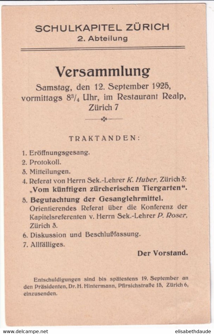 SUISSE - 1925 - CARTE "FRANC DE PORT / PORTOFREI" NEUVE Avec REPIQUAGE AU DOS "SCHULKAPITEL ZÜRICH" - Franchise