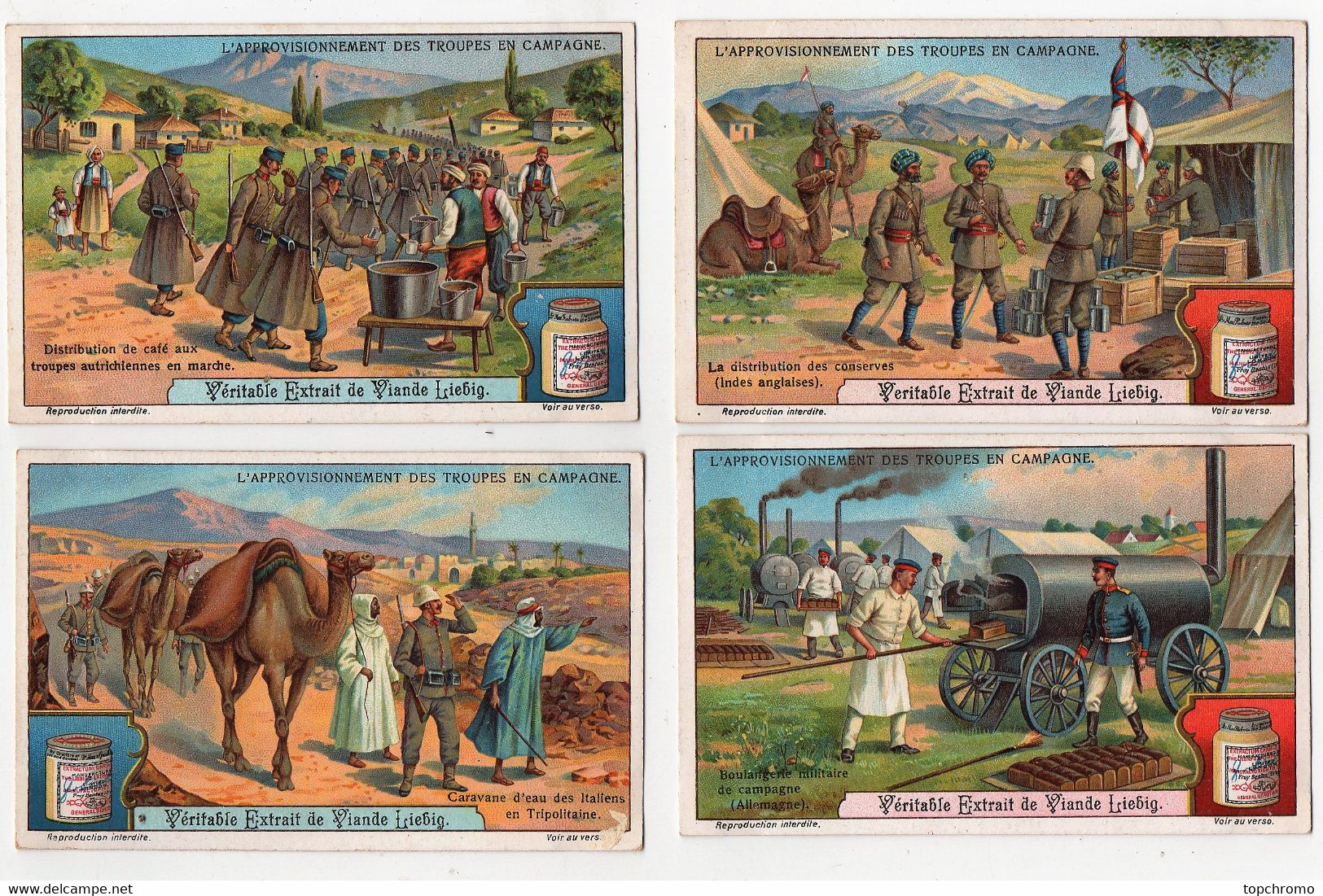 CHROMO Liebig S1084 Militaria L'approvisionnement Des Troupes En Campagne Allemagne Autriche Italie Indes (5 Chromos) - Liebig