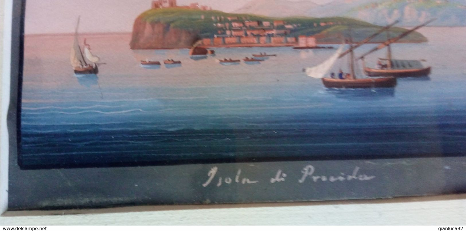 Gouache Dipinta A Tempera Procida Con Sfondo Ischia Metà ‘800 (D181) Come Foto Con Cornice Radica D’epoca Passapartout - Gouaches