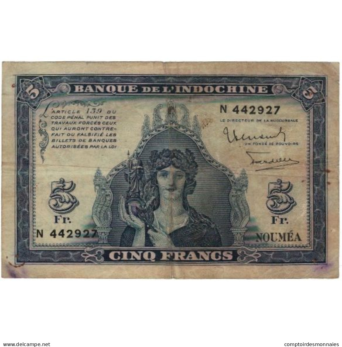 Billet, Nouvelle-Calédonie, 5 Francs, KM:48, TTB+ - Nouvelle-Calédonie 1873-1985