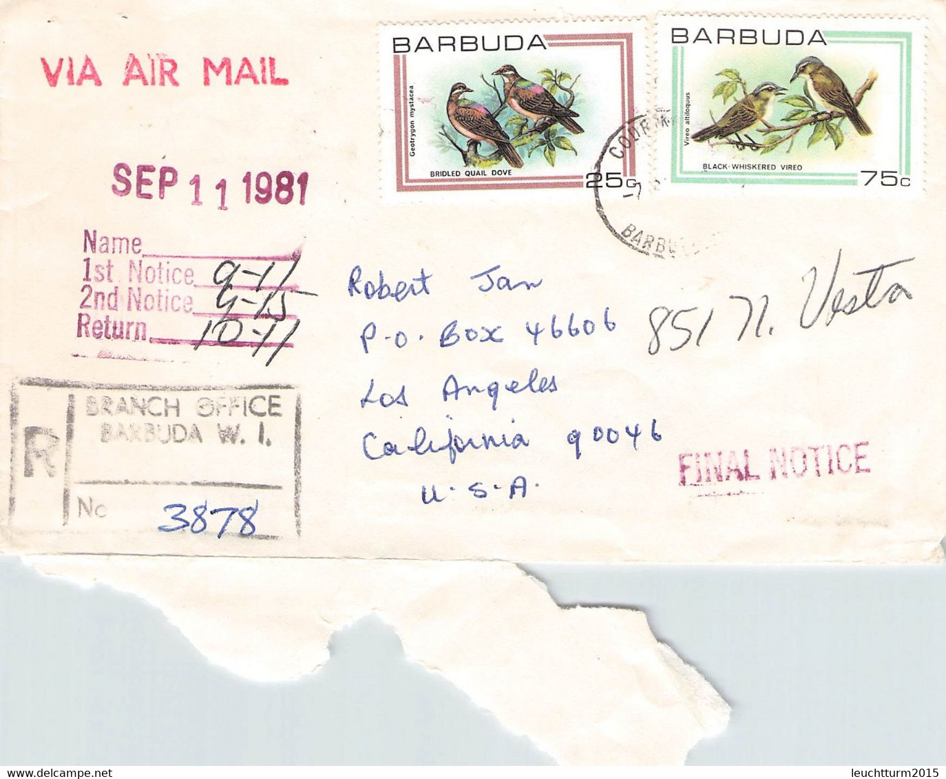 BARBUDA - REGISTERED MAIL AIR 1981 > LOS ANGELES/CA / PR66 - Antigua En Barbuda (1981-...)