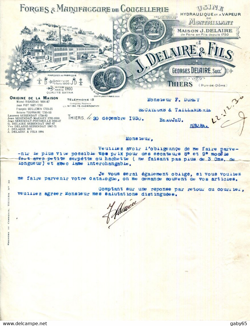 63.THIERS.FORGES & MANUFACTURE DE COUTELLERIE.J.DELAIRE & FILS USINE HYDRAULIQUE & A VAPEUR DE MONTMILLANT. - Other & Unclassified