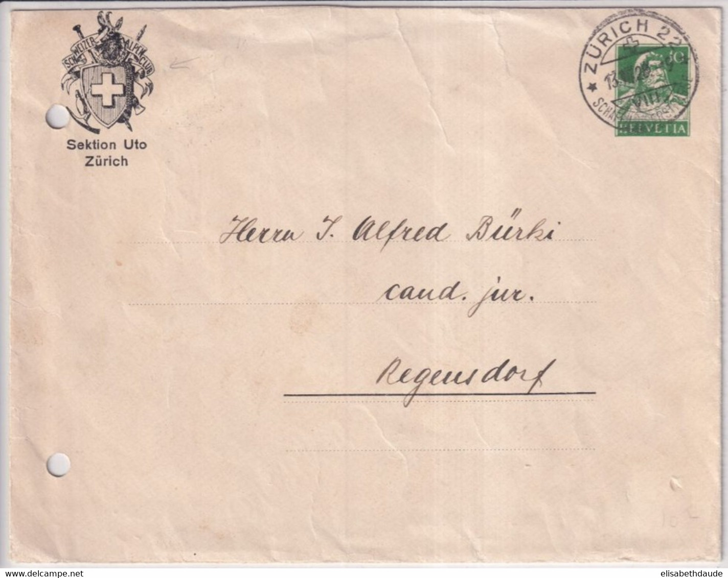 SUISSE - 1928 - ENVELOPPE ENTIER PRIVEE "SEKTION UTO" De ZÜRICH => REGENSDORF - Interi Postali