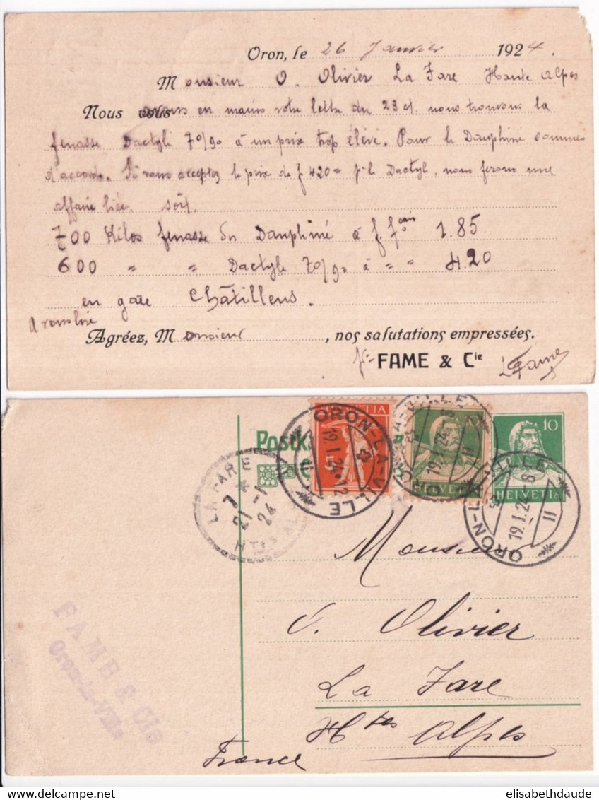 SUISSE - 1924 - 2 CARTES ENTIER REPIQUAGE "FAME & Cie" De ORON LA VILLE ! => LA FARE (HAUTES ALPES) - Interi Postali