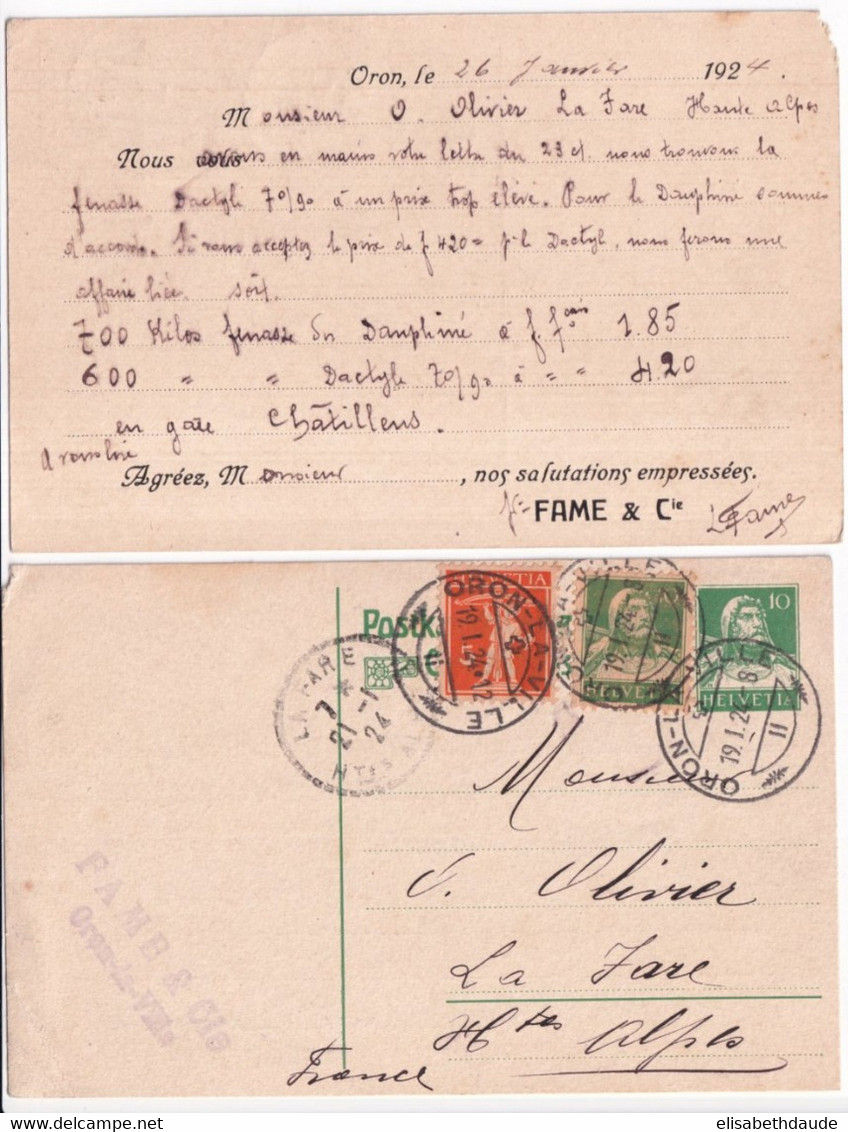 SUISSE - 1924 - 2 CARTES ENTIER REPIQUAGE "FAME & Cie" De ORON LA VILLE ! => LA FARE (HAUTES ALPES) - Entiers Postaux