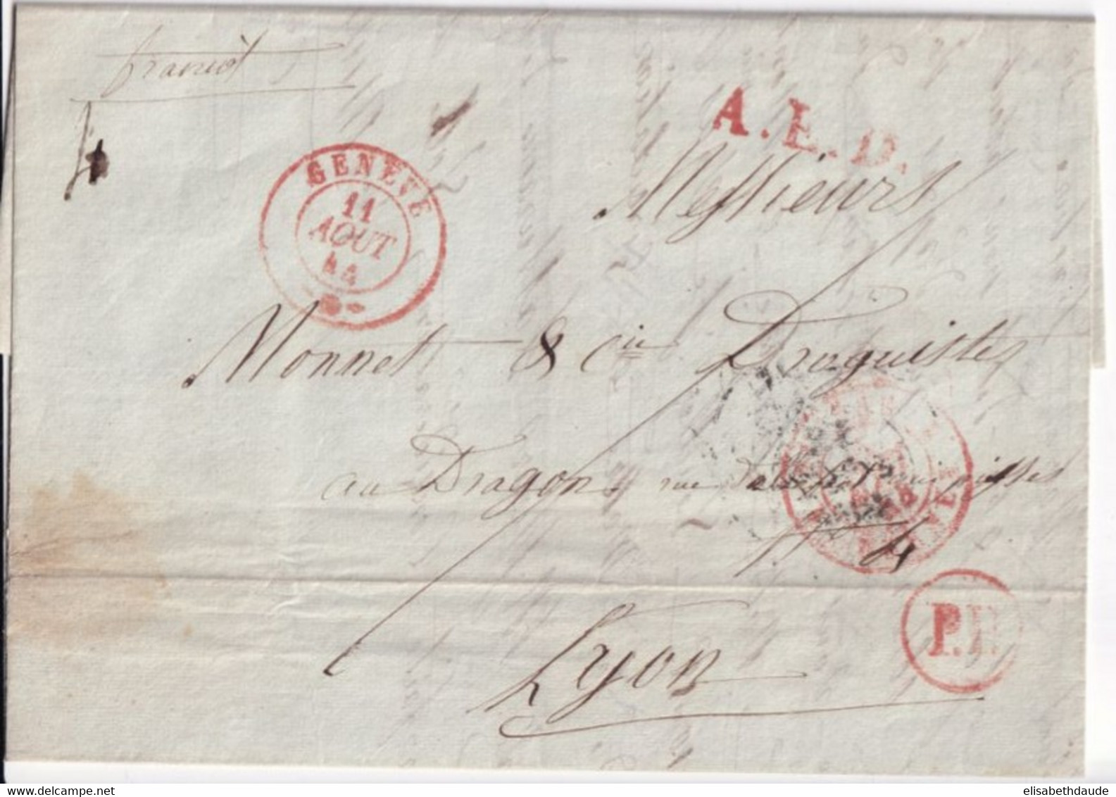 SUISSE - 1844 - LETTRE De GENEVE Avec PORT PAYE PP ! + ENTREE En FRANCE Par FERNEX => LYON - ...-1845 Prefilatelia