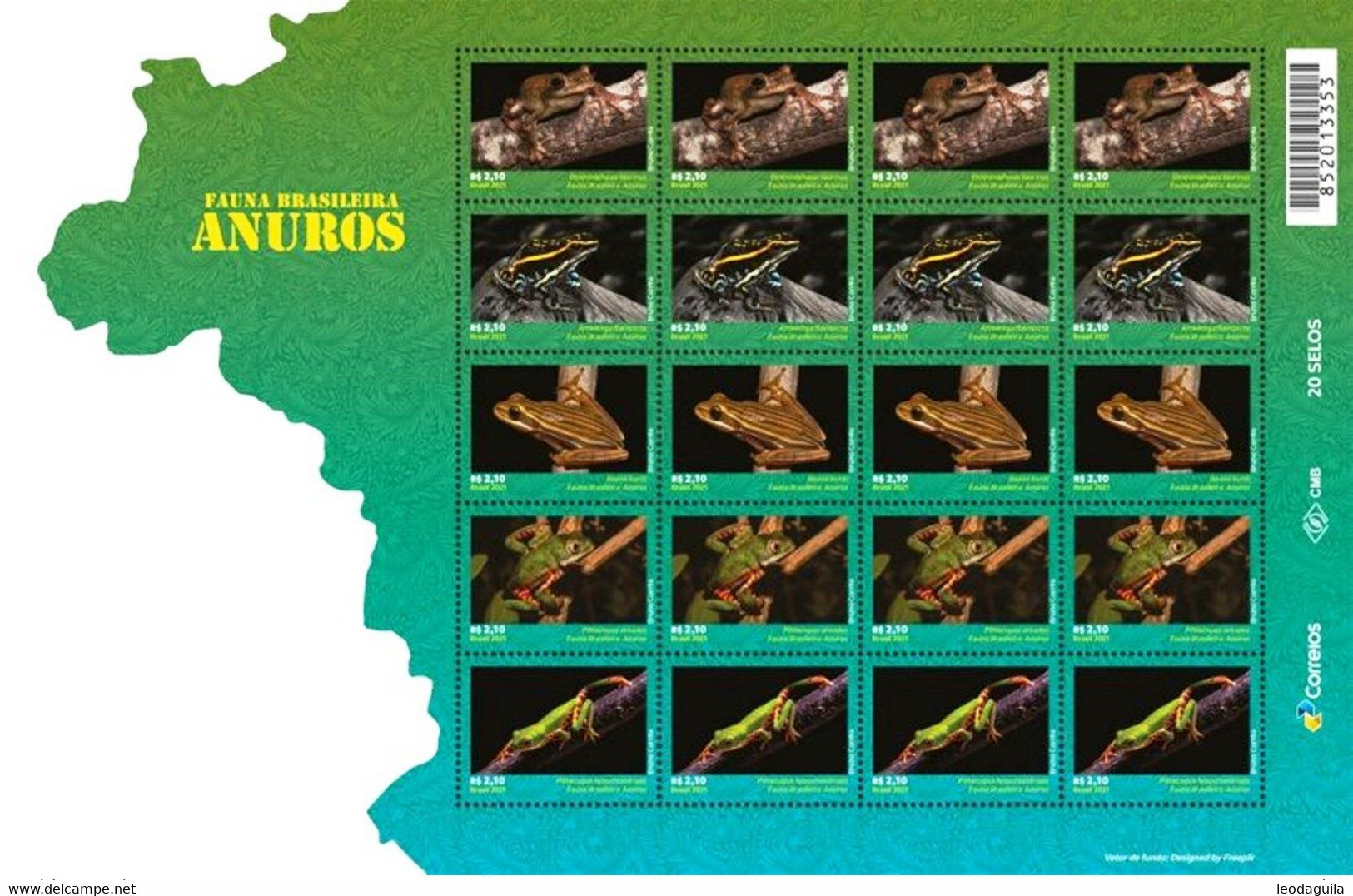 BRAZIL 2021 - FROGS - ANUROS -  TAILLESS AMPHIBIANS -  BRAZILIAN FAUNA  PRESERVATION - FULL SHEET 20 Stamps  MINT - Neufs