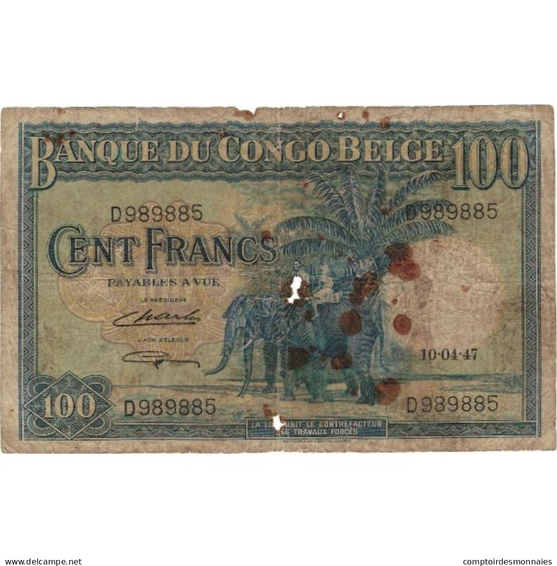 Billet, Congo Belge, 100 Francs, KM:17c, B+ - République Du Congo (Congo-Brazzaville)