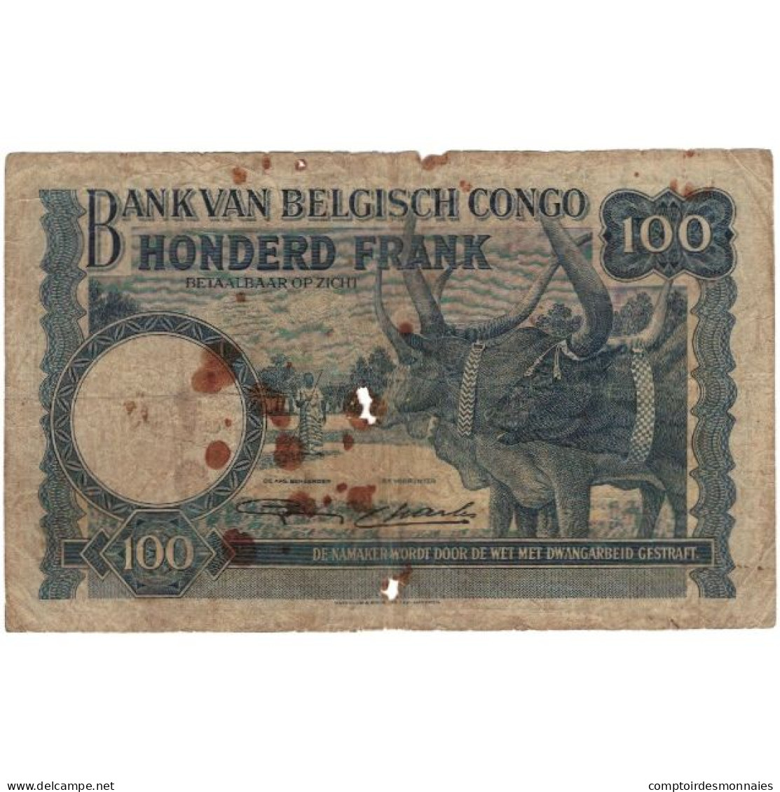 Billet, Congo Belge, 100 Francs, KM:17c, B+ - Republik Kongo (Kongo-Brazzaville)