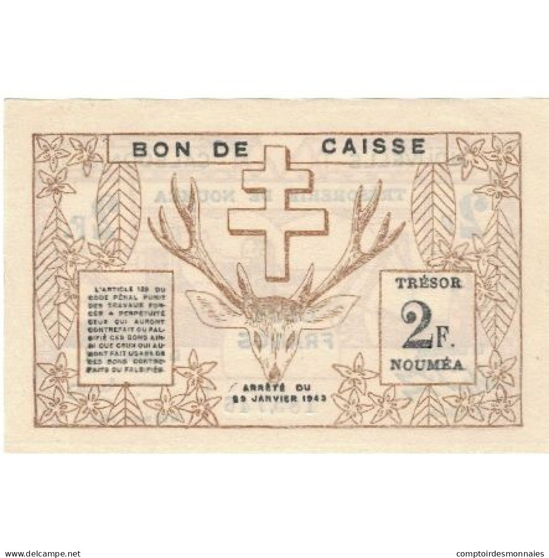 Billet, Nouvelle-Calédonie, 2 Francs, 1943, 1943-03-29, KM:56a, SPL - Nouméa (New Caledonia 1873-1985)