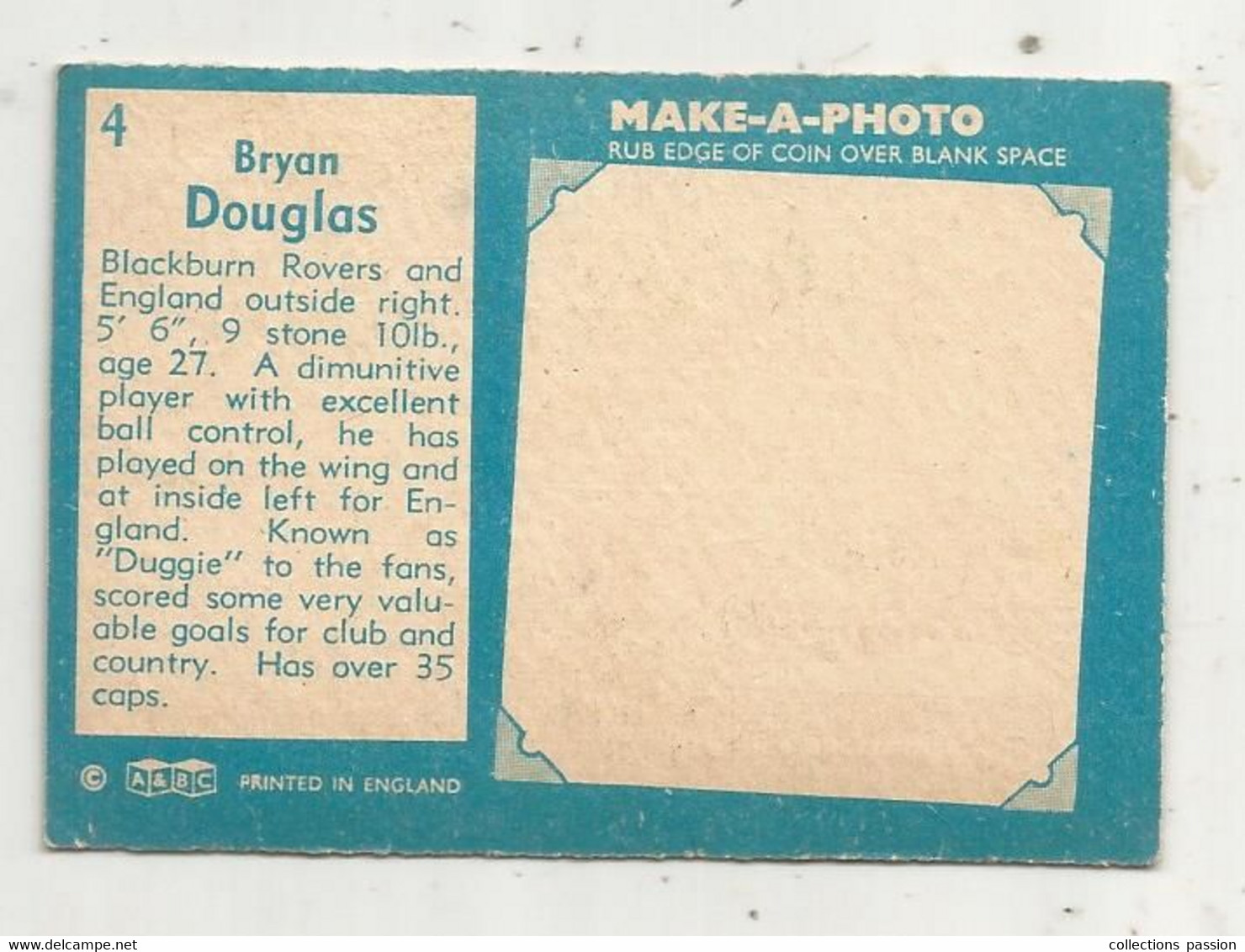 Trading Card , A&BC , England, Chewing Gum, Serie: Make A Photo , Année 60 , N° 4 , BRYAN DOUGLAS, Blackburn Rovers - Trading Cards