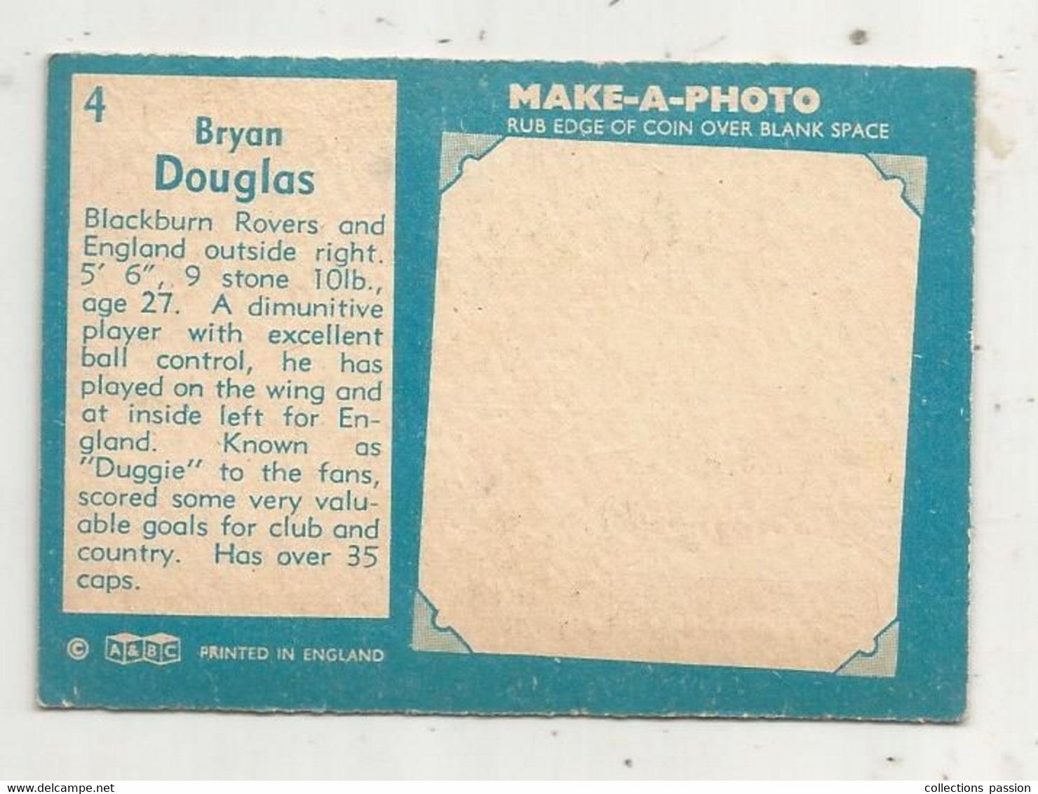 Trading Card , A&BC , England, Chewing Gum, Serie: Make A Photo , Année 60 , N° 4 , BRYAN DOUGLAS, Blackburn Rovers - Trading-Karten