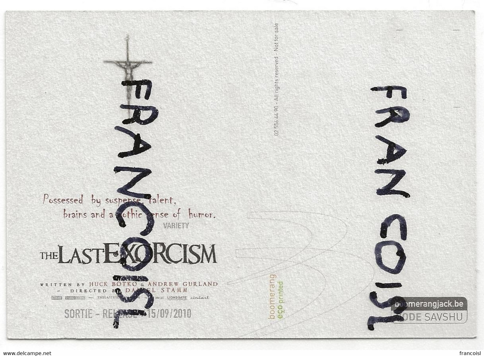 Carte Boomerang. Publicité Pour  Film "The Last Exorcism". 2010 - Other & Unclassified