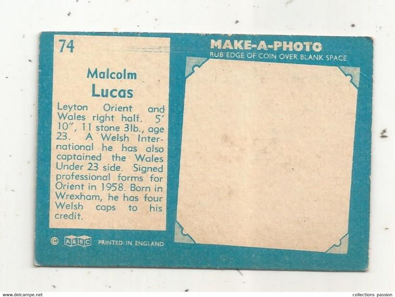 Trading Card , A&BC , England, Chewing Gum, Serie: Make A Photo , Année 60 , N° 74 , MALCOLM LUCAS, Leyton Orient - Trading-Karten