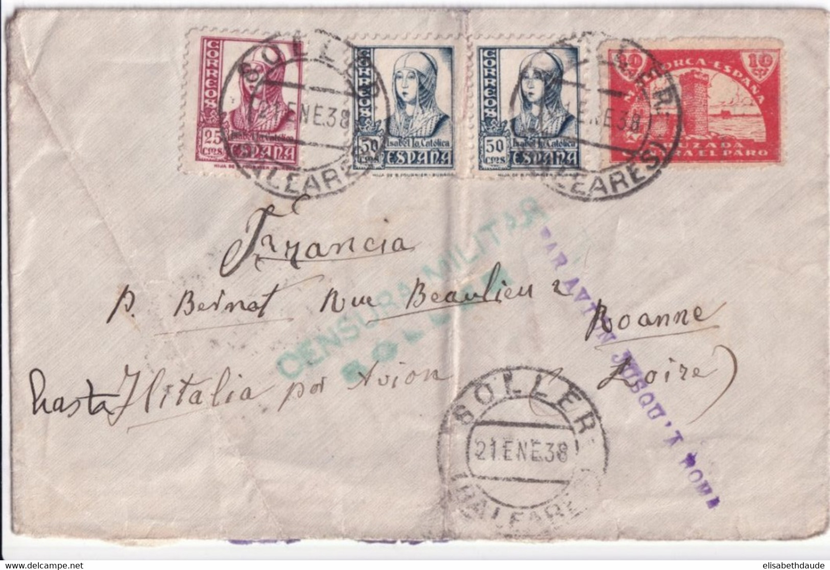 ESPAGNE - 1938 - ENVELOPPE De SOLLER (BALEARES) Avec CENSURE RARE + "par AVION JUSQU'A ROMA" ! => ROANNE (LOIRE) - Bolli Di Censura Nazionalista