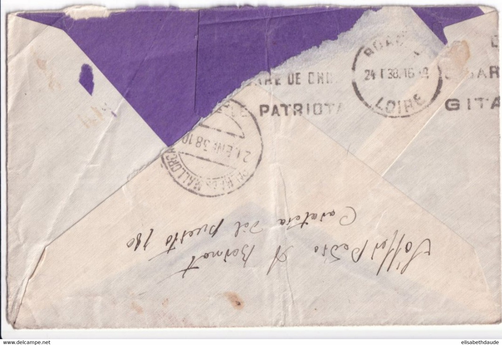 ESPAGNE - 1938 - ENVELOPPE De SOLLER (BALEARES) Avec CENSURE RARE + "par AVION JUSQU'A ROMA" ! => ROANNE (LOIRE) - Nationalists Censor Marks