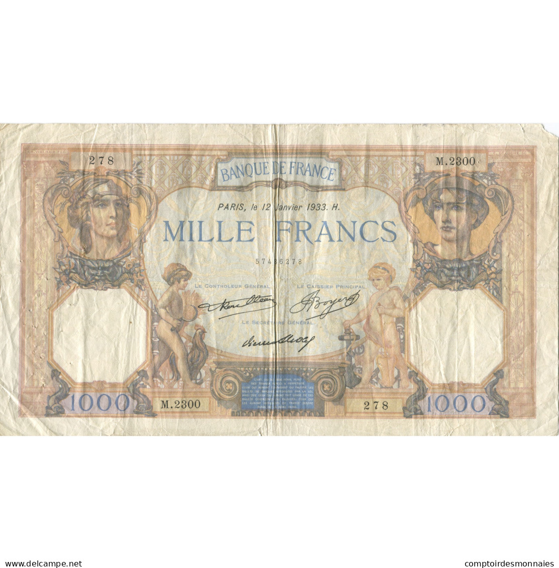 France, 1000 Francs, Cérès Et Mercure, 1933, 1933-01-12, TB, Fayette:37.8 - 1 000 F 1927-1940 ''Cérès Et Mercure''