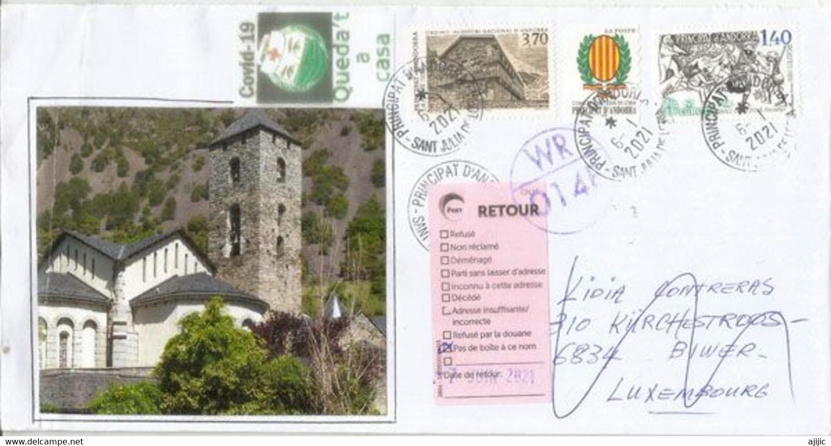 Lettre D'Andorre Envoyée Au Luxembourg Pendant épidémie Covid-19. Return To Sender,retour à L'expediteur - Cartas & Documentos