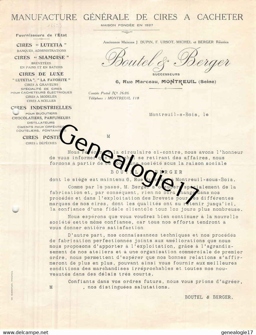93 1577 MONTREUIL SEINE 192. Cires A Cacheter BOUTEL - BERGER Manufacture DUPIN URSOT MICHEL BERGER Rue Marceau - 1900 – 1949