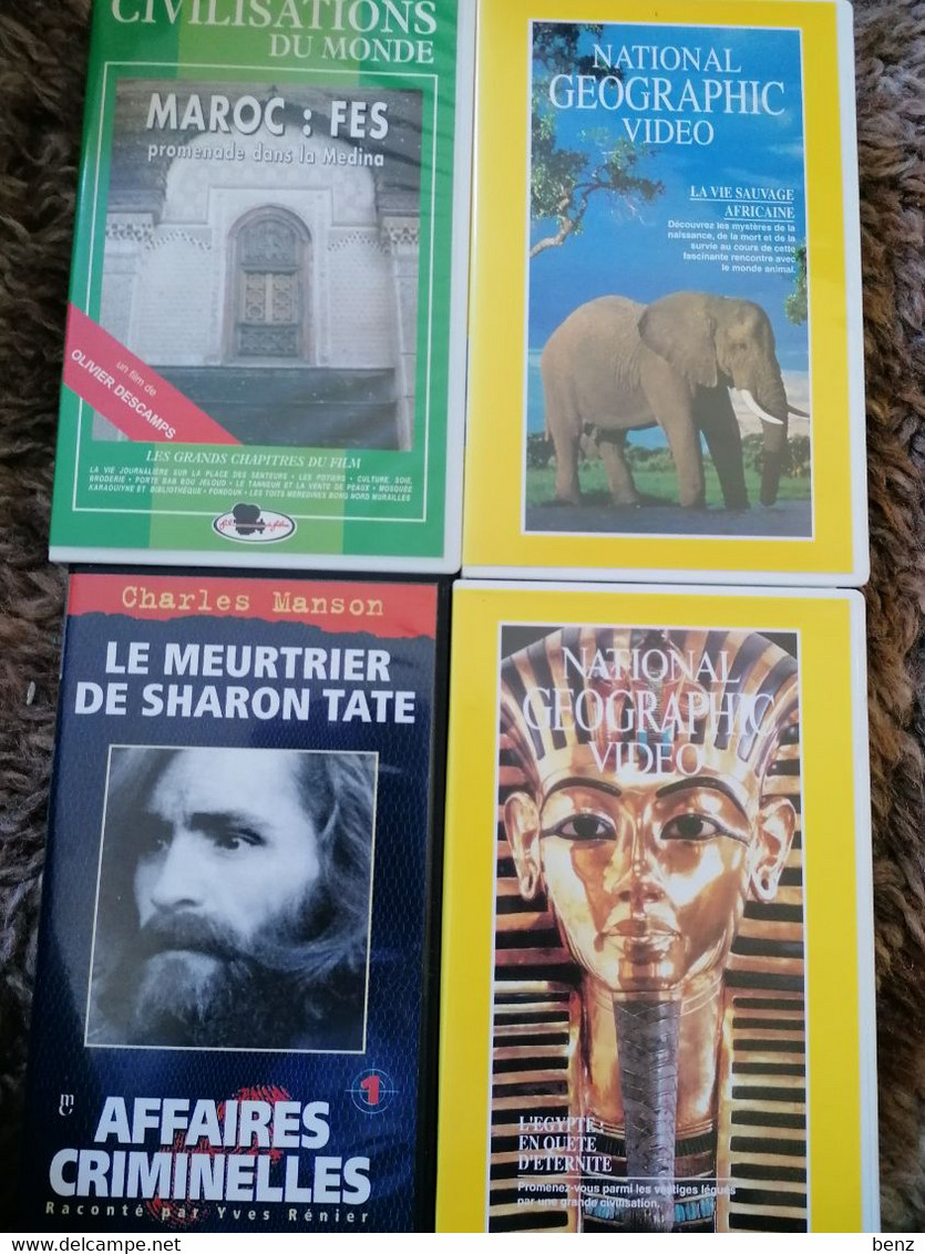 4 VHS  EGYPTE EN QUETE D'ETERNITE, LA VIE SAUVAGE AFRICAINE, PROMENADE A FES ET MEURTRIER DE SHARON TATE TB ETAT - Documentaire