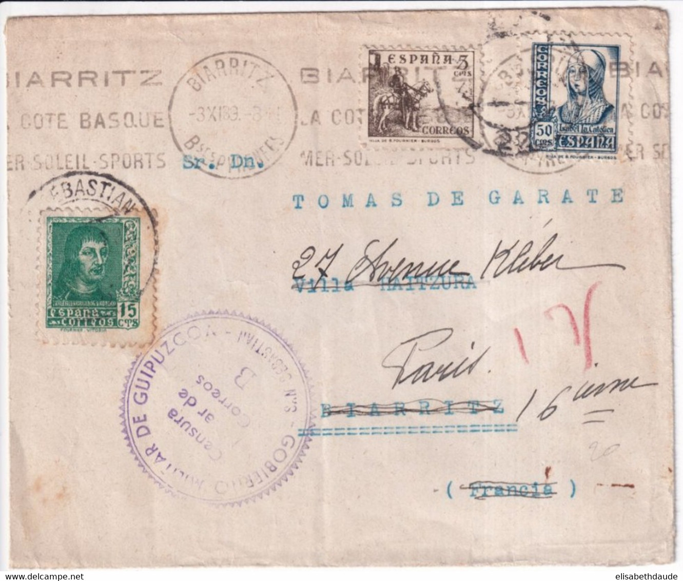 ESPAGNE - 1939 - MECA De BIARRITZ Sur ENVELOPPE Avec CENSURE De SAN SEBASTIAN READRESSEE => PARIS - Nationalists Censor Marks
