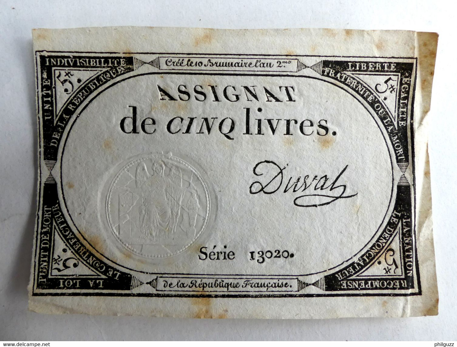 10 BRUMAIRE AN II ASSIGNAT 5 LIVRES SERIE 13020 DUVAL - Assignats