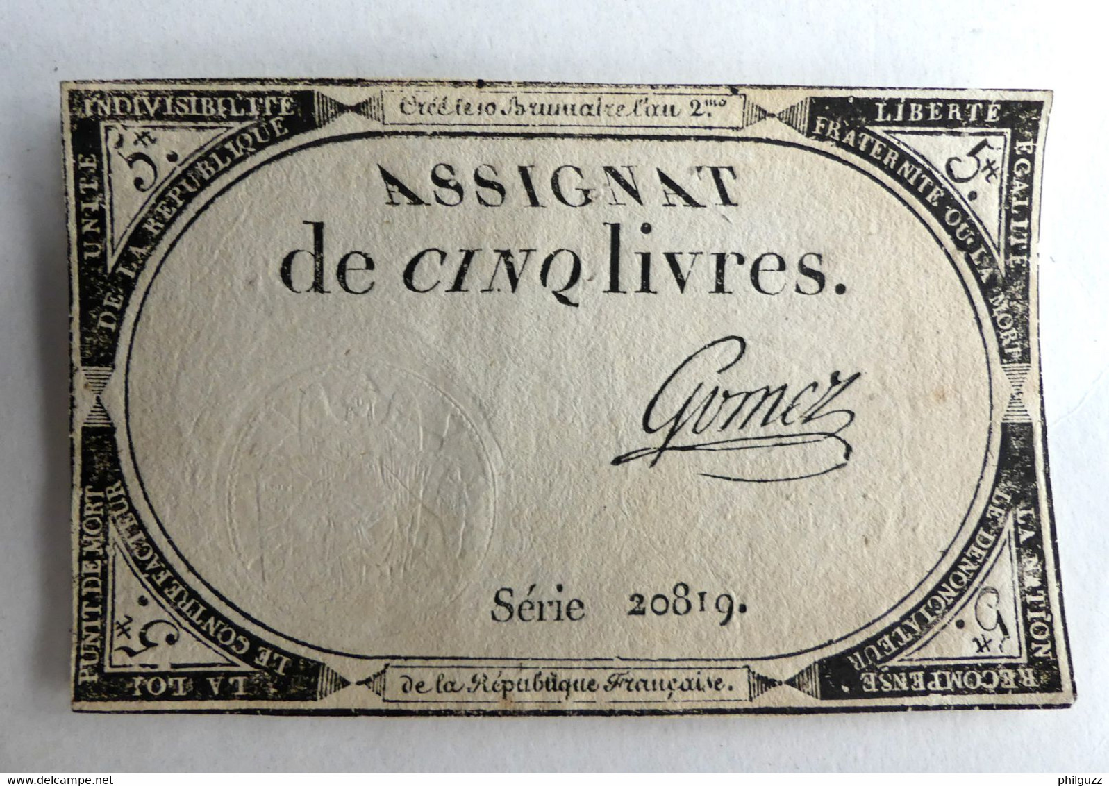 10 BRUMAIRE AN II ASSIGNAT 5 LIVRES SERIE 20819 GOMEZ - Assignats & Mandats Territoriaux