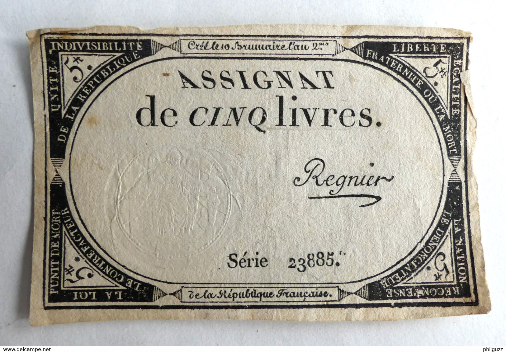 10 BRUMAIRE AN II ASSIGNAT 5 LIVRES SERIE 23885 REGNIER - Assignats