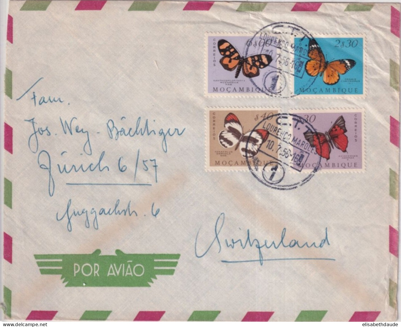 MOZAMBIQUE - 1956 - PAPILLONS ! - ENVELOPPE Par AVION De LOURENCO MARQUES => SUISSE - Mosambik