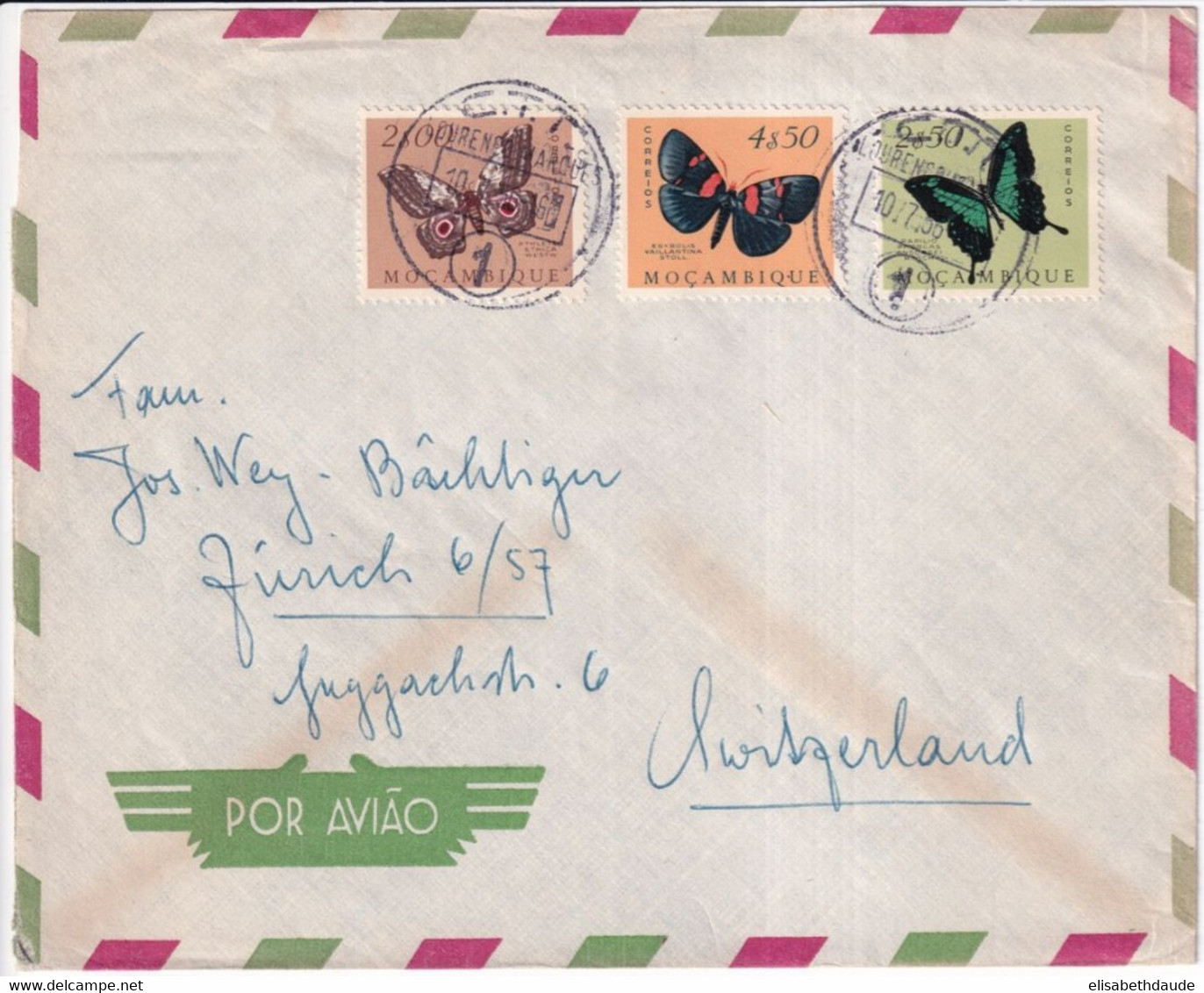 MOZAMBIQUE - 1956 - PAPILLONS ! - ENVELOPPE Par AVION De LOURENCO MARQUES => SUISSE - Mosambik