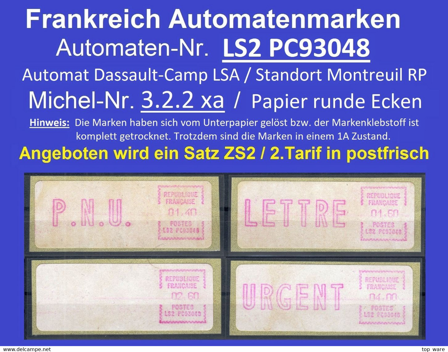 Frankreich France ATM LSA LS2 PC93048 Montreuil / Michel 3.2.2 / Satz 1.9.1981 / Distributeurs Automatenmarken Etiquetas - 1981-84 LS & LSA Prototypen