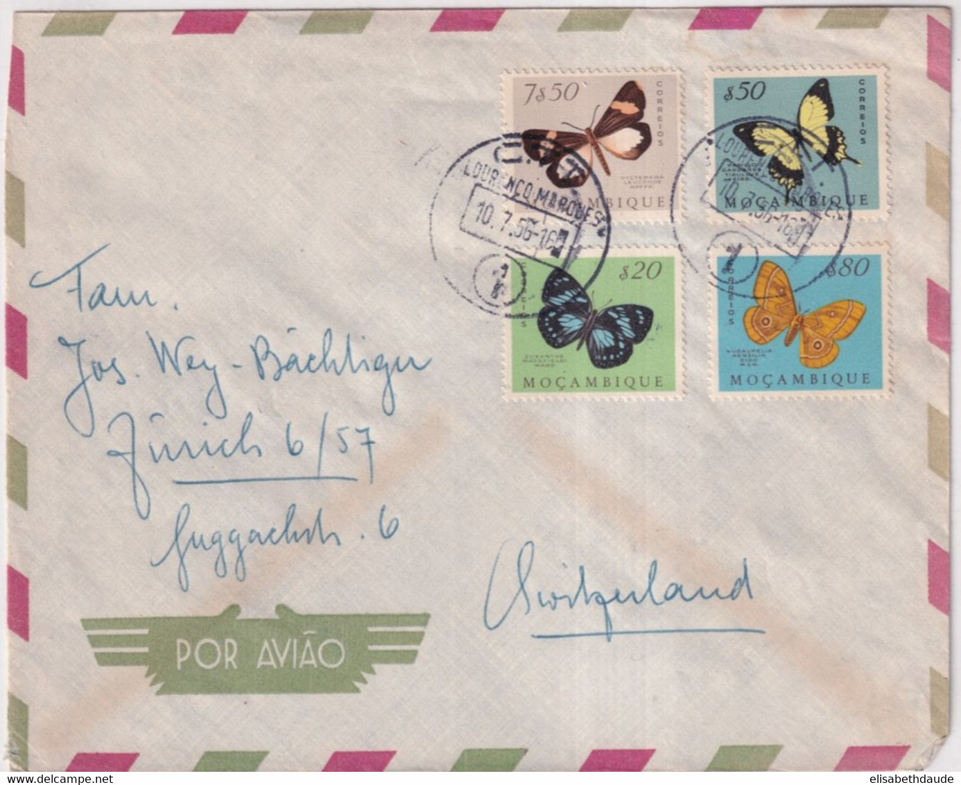 MOZAMBIQUE - 1956 - PAPILLONS ! - ENVELOPPE Par AVION De LOURENCO MARQUES => SUISSE - Mosambik