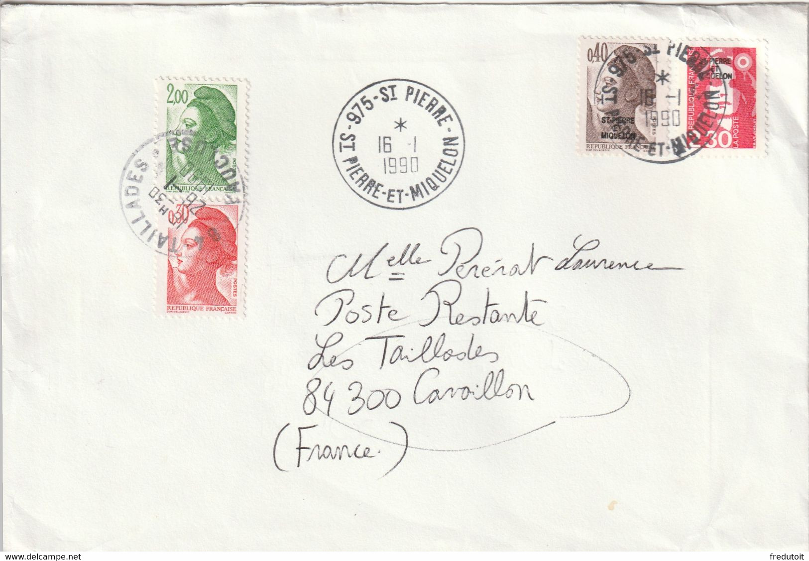 SPM - LETTRE Avec Taxe Poste Restante (16/01/1990) Pour Cavaillon (84) - Lettres & Documents